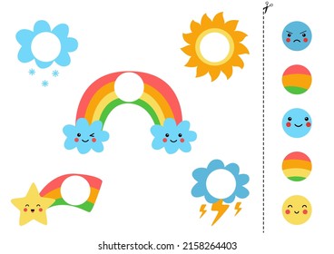 Cut and glue game for kids with cute weather events. Cutting practice for preschoolers. 