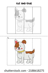 Cut and glue game for kids with cute brown dog. Cutting practice for preschoolers. 