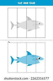 Cut and glue game for kids with cute shark. Cutting practice for preschoolers. 