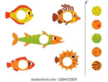 Cut and glue game for kids with cute arctic fish. Cutting practice for preschoolers. 