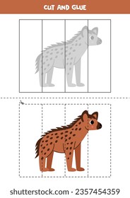 Cut and glue game for kids with cute hyena. Cutting practice for preschoolers. 