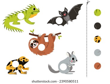 Cut and glue game for kids with cute cartoon South american animals. Cutting practice for preschoolers. 