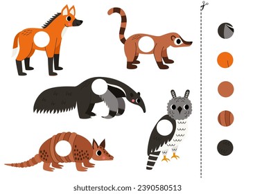 Cut and glue game for kids with cute cartoon South american animals. Cutting practice for preschoolers. 