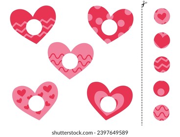 Cut and glue game for kids with cute cartoon pink valentine hearts. Cutting practice for preschoolers. 