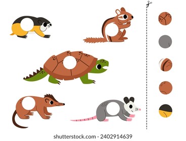 Cut and glue game for kids with cute North American animals. Cutting practice for preschoolers. 