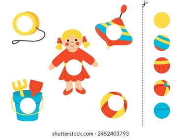 Cut and glue game for kids with cute cartoon toys. Cutting practice for preschoolers. 