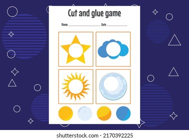 Cut and glue game for kids. Cutting practice for preschoolers. Education paper game for children