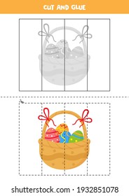 Cut and glue game for kids with Easter basket. Cutting practice for preschoolers. 