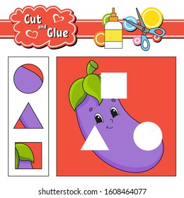 Cut and glue. Game for kids. Education developing worksheet. Cartoon eggplant character. Color activity page. Hand drawn. Isolated vector illustration.