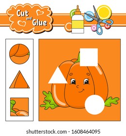 Cut and glue. Game for kids. Education developing worksheet. Cartoon pumpkin character. Color activity page. Hand drawn. Isolated vector illustration.