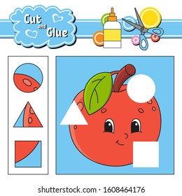 Cut and glue. Game for kids. Education developing worksheet. Cartoon apple character. Color activity page. Hand drawn. Isolated vector illustration.