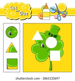 Cut and glue. Game for kids. Education developing worksheet. Cartoon character. Color activity page. Hand drawn. Isolated vector illustration. St. Patrick's day.