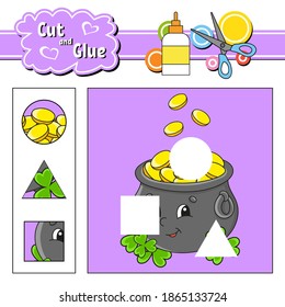 Cut and glue. Game for kids. Education developing worksheet. Cartoon character. Color activity page. Hand drawn. Isolated vector illustration. St. Patrick's day.