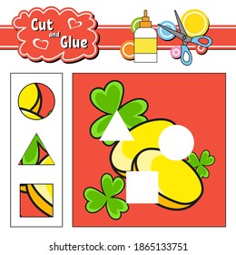 Cut and glue. Game for kids. Education developing worksheet. Cartoon character. Color activity page. Hand drawn. Isolated vector illustration. St. Patrick's day.
