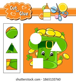 Cut and glue. Game for kids. Education developing worksheet. Cartoon character. Color activity page. Hand drawn. Isolated vector illustration. St. Patrick's day.