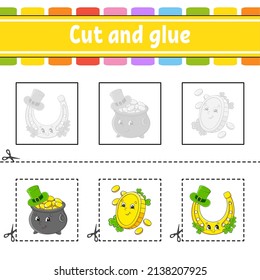 Cut and glue. Game for kids. Education developing worksheet. Color activity page. cartoon character. St. Patrick's day.