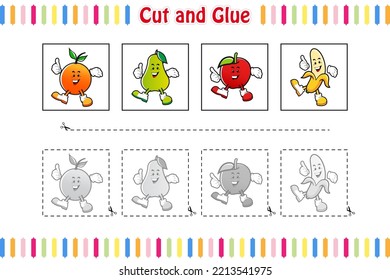 Cut and Glue game for Kids, Education, Developing, Worksheet, Color activity page. Fruits Cartoon Character