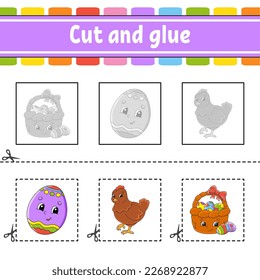 Cut and glue. Game for kids. Education developing worksheet. Color activity page. cartoon character. Vector illustration.