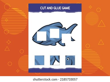 Cut and glue game for kids with fish. Cutting practice for preschoolers. Education worksheet.