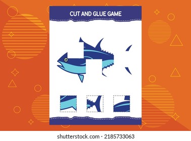 Cut and glue game for kids with fish. Cutting practice for preschoolers. Education worksheet.
