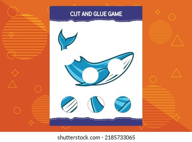 Cut and glue game for kids with fish. Cutting practice for preschoolers. Education worksheet.