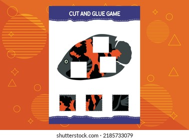 Cut and glue game for kids with fish. Cutting practice for preschoolers. Education worksheet.
