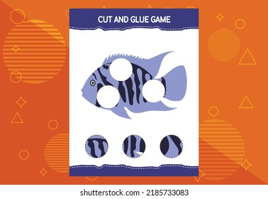 Cut and glue game for kids with fish. Cutting practice for preschoolers. Education worksheet.