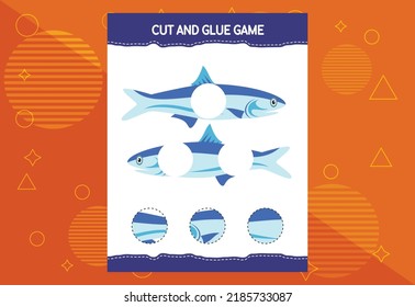 Cut and glue game for kids with fish. Cutting practice for preschoolers. Education worksheet.