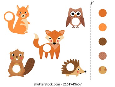 Cut and glue game for kids with forest animals. Cutting practice for preschoolers. 