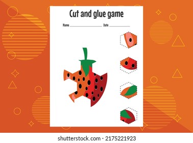 Cut and glue game for kids with fruits. Cutting practice for preschoolers. Education page