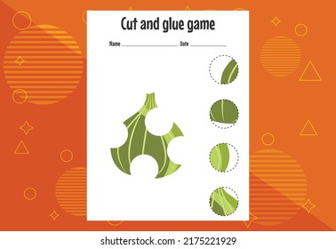 Cut and glue game for kids with fruits. Cutting practice for preschoolers. Education page