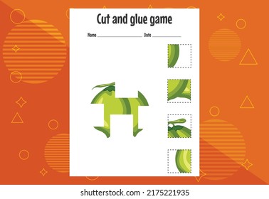 Cut and glue game for kids with fruits. Cutting practice for preschoolers. Education page