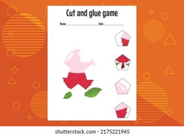 Cut and glue game for kids with fruits. Cutting practice for preschoolers. Education page