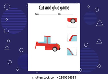 Cut and glue game for kids with fruits. Cutting practice for preschoolers. Education page