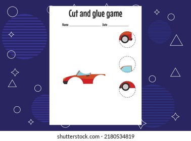 Cut and glue game for kids with fruits. Cutting practice for preschoolers. Education page