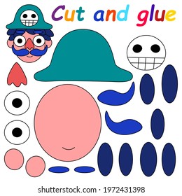 Cut and glue game for kids with funny cartoon pirate stock vector illustration. Educational papercraft pirate printable activity page for children. Hand-drawn cartoon character hand-made picture