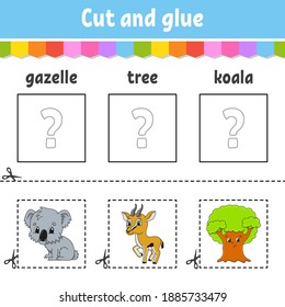 Cut and glue. Game for kids. Learn English words. Education developing worksheet. Color activity page. Cartoon character.