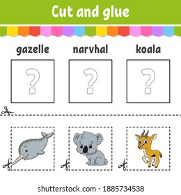 Cut and glue. Game for kids. Learn English words. Education developing worksheet. Color activity page. Cartoon character.