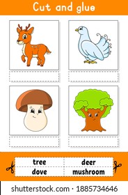 Cut and glue. Game for kids. Learn English words. Education developing worksheet. Color activity page. Cartoon character.