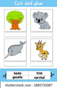 Cut and glue. Game for kids. Learn English words. Education developing worksheet. Color activity page. Cartoon character.