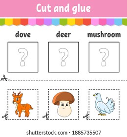 Cut and glue. Game for kids. Learn English words. Education developing worksheet. Color activity page. Cartoon character.