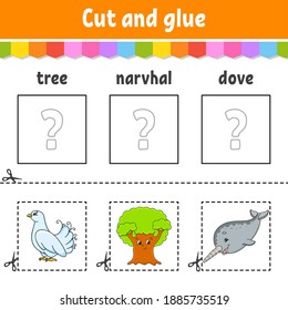 Cut and glue. Game for kids. Learn English words. Education developing worksheet. Color activity page. Cartoon character.