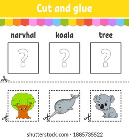 Cut and glue. Game for kids. Learn English words. Education developing worksheet. Color activity page. Cartoon character.
