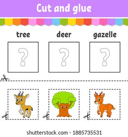 Cut and glue. Game for kids. Learn English words. Education developing worksheet. Color activity page. Cartoon character.