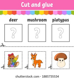 Cut and glue. Game for kids. Learn English words. Education developing worksheet. Color activity page. Cartoon character.