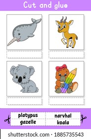 Cut and glue. Game for kids. Learn English words. Education developing worksheet. Color activity page. Cartoon character.