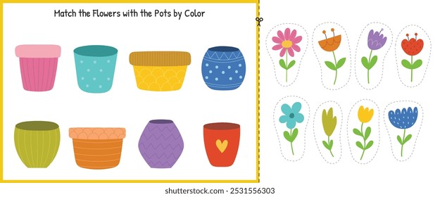 Juego de corte y pegamento para niños. Combina las flores con las macetas por color. Página de actividad educativa para niños. Juego a juego para la escuela y preescolar. Ilustración vectorial