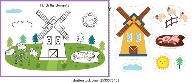 Juego de corte y pegamento para niños. Coinciden con los Elementos de la granja. Página de actividad educativa para niños. Juego imprimible para la escuela y preescolar. Ilustración vectorial