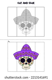 Cut and glue game for kids with Mexican skull in hat. Cutting practice for preschoolers. 