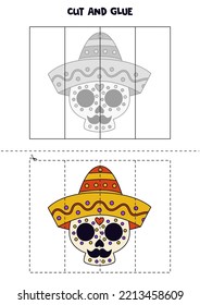 Cut and glue game for kids with Mexican skull in hat. Cutting practice for preschoolers. 